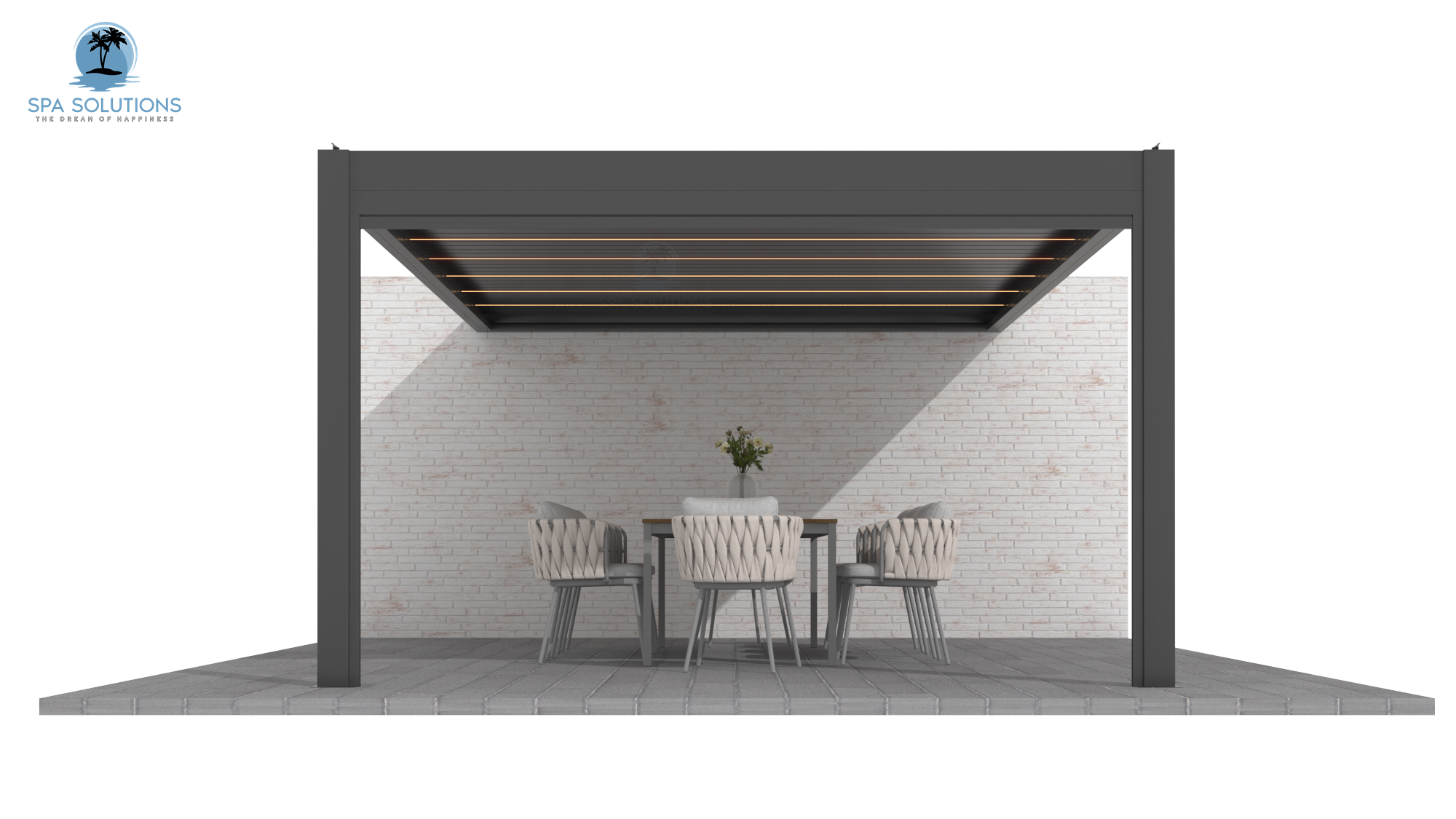 Spa Solutions Sky Pergola SkyMax Ultra Aluminium Pergola LED 4m x 7m motorisiert Wandmontage 7m