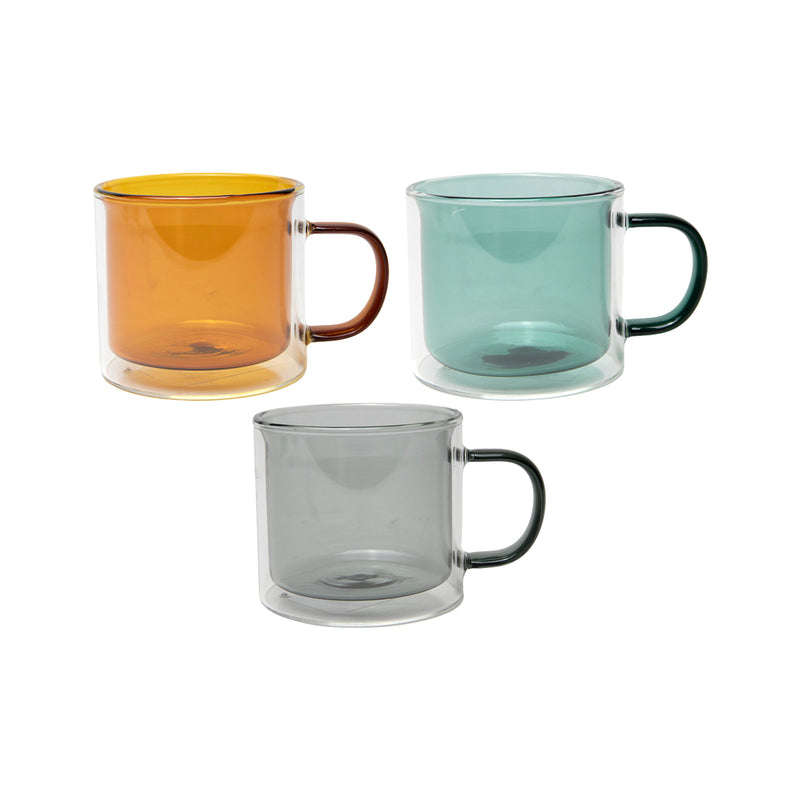 Tavola kitchen requirement colored double glass cups with handle 240ml 6 pieces.