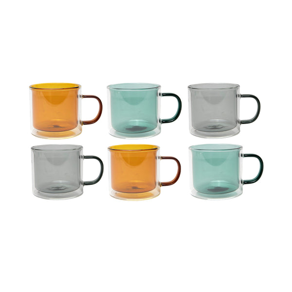Tavola kitchen requirement colored double glass cups with handle 240ml 6 pieces.