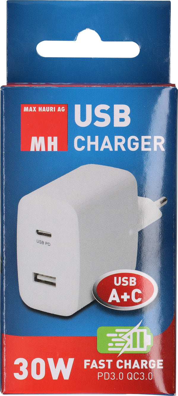 Max Hauri USB Schnellladadapter 1x USB-C PD 1x USB-A 30W weiss