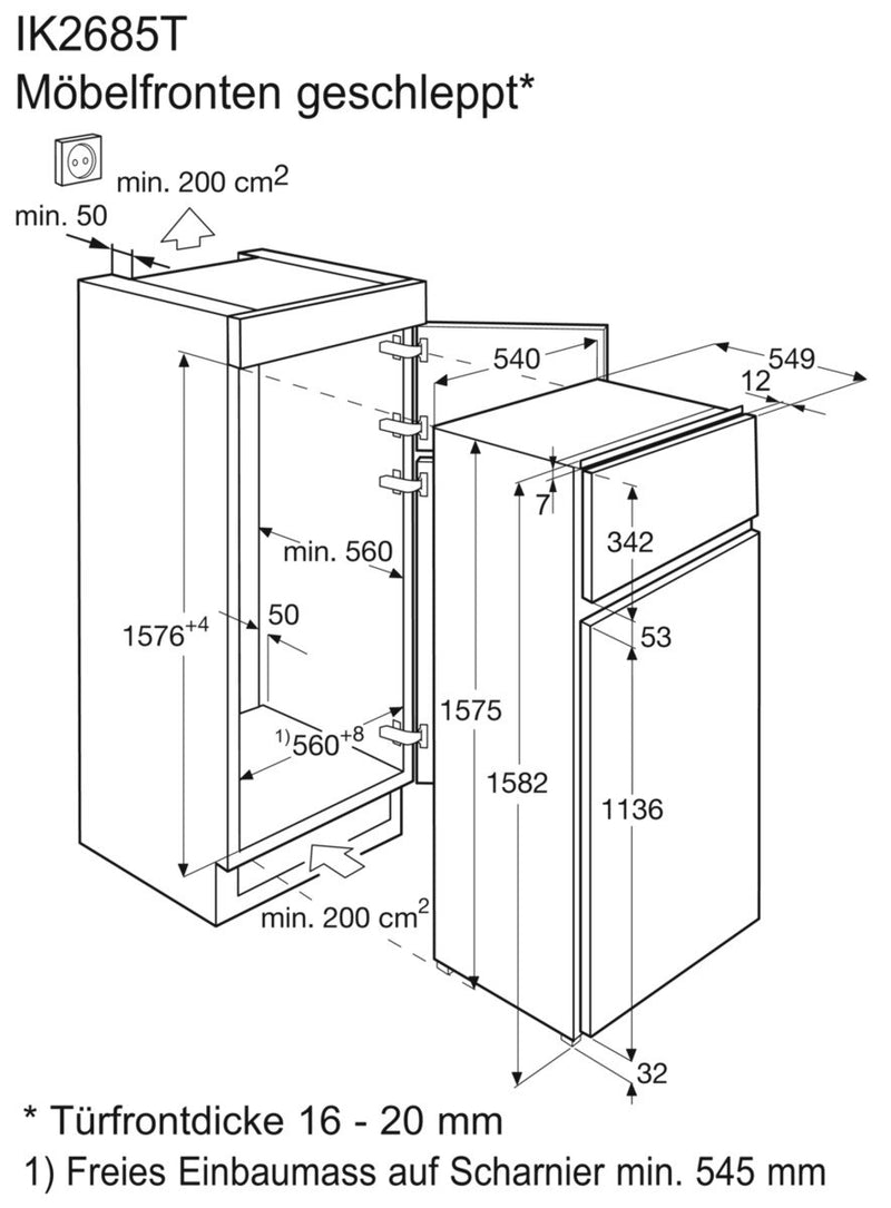 Réfrigérateur d'installation d'Electrolux avec compartiment de congélateur IK2685TR, porte de remorquage statique