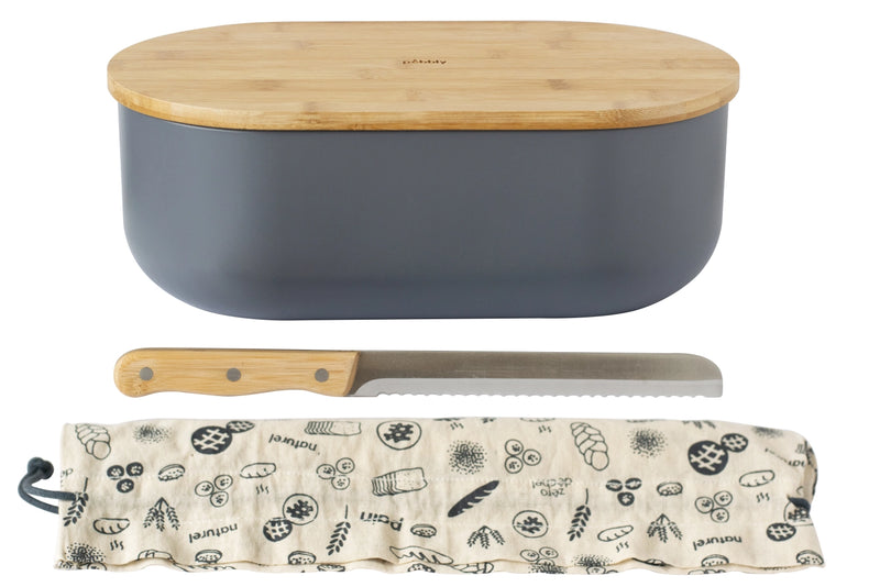 Pebbly bread box Pebbly with cutting board, knife, bread bag, slate NBA195
