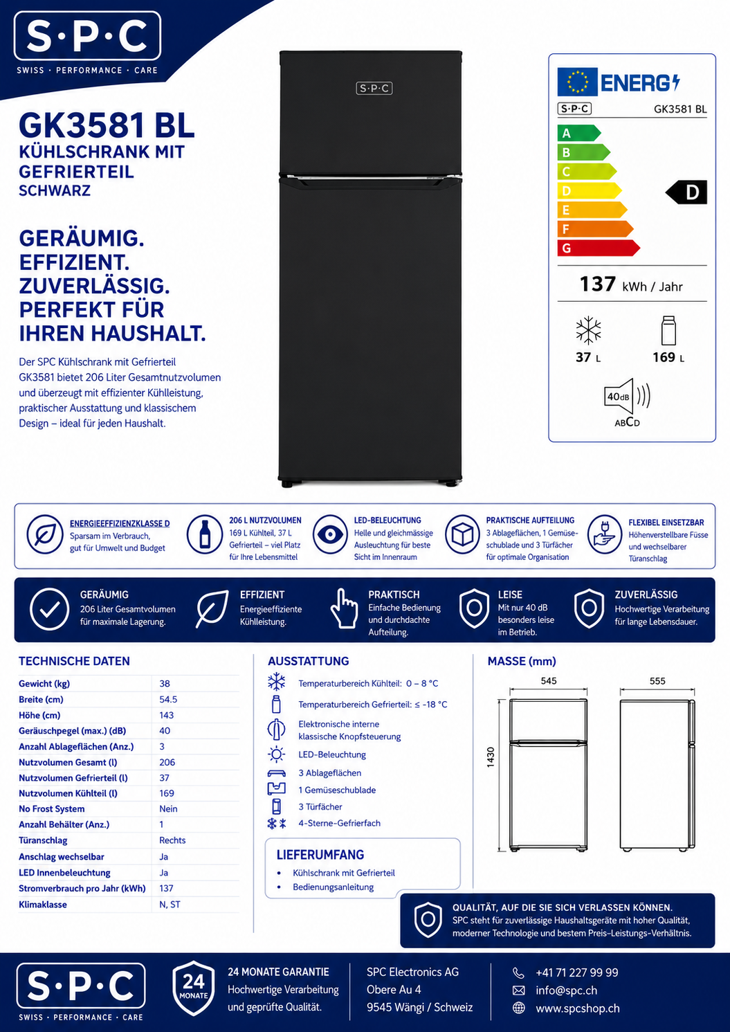 SPC Kühl- / Gefrierkombination GK3581-3, 206 L, schwarz