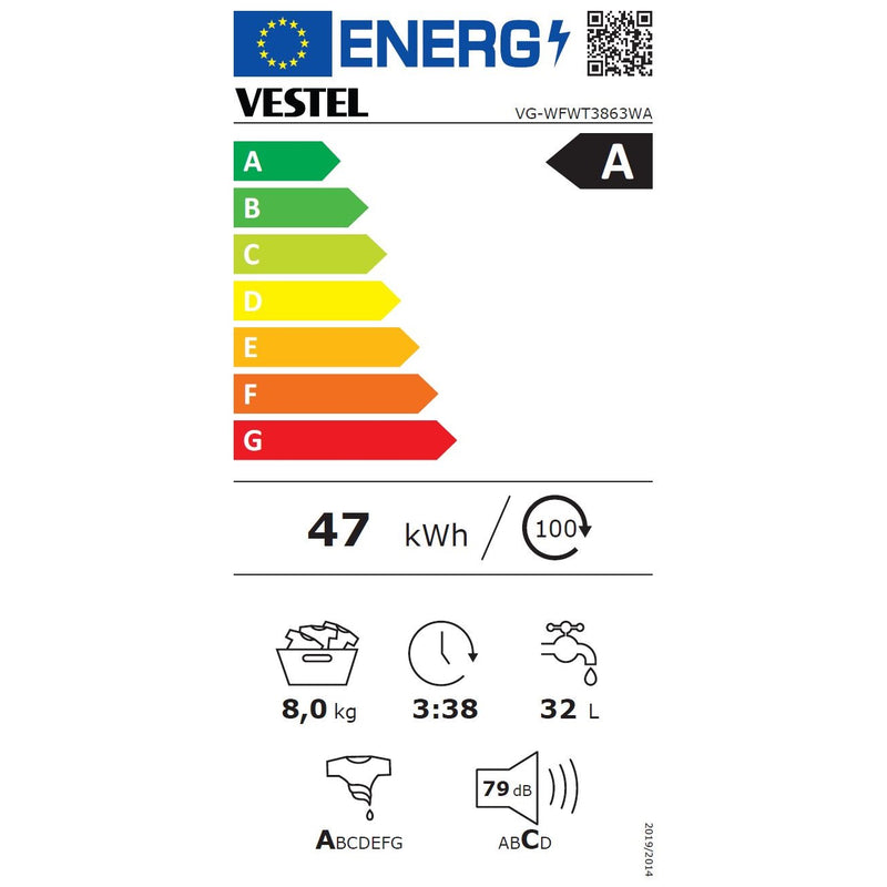 VESTEL Waschmaschine 8kg, VG-WFWT3863WA, A-Klasse, WiFi + GRATIS Lenor Weichspüler 600WL