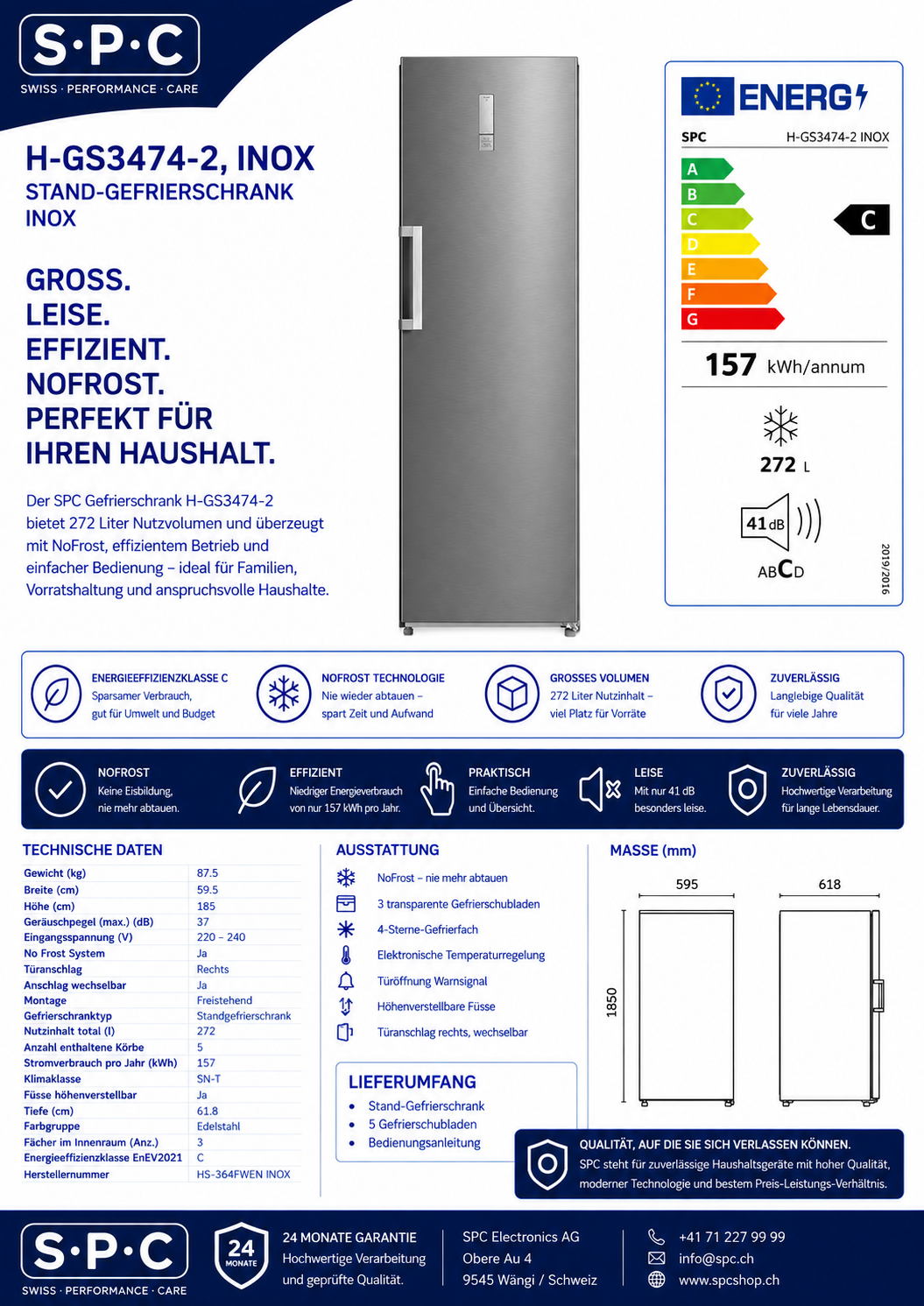 SPC Gefrierschrank H-GS3474-2, INOX, 272 L, C-Klasse, NoFrost