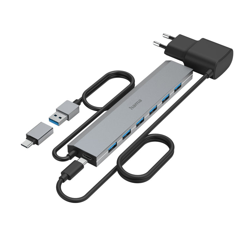 Hama USB-Hub 7 Ports, USB 3.2 Gen1, 5 Gbit/s, inkl. USB-C-Adapter und Netzteil