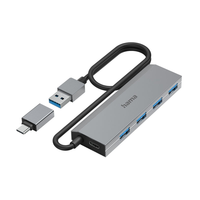 Hama USB-Hub 4 Ports, USB 3.2 Gen1, 5 Gbit/s, inkl. USB-C-Adapter und Netzteil