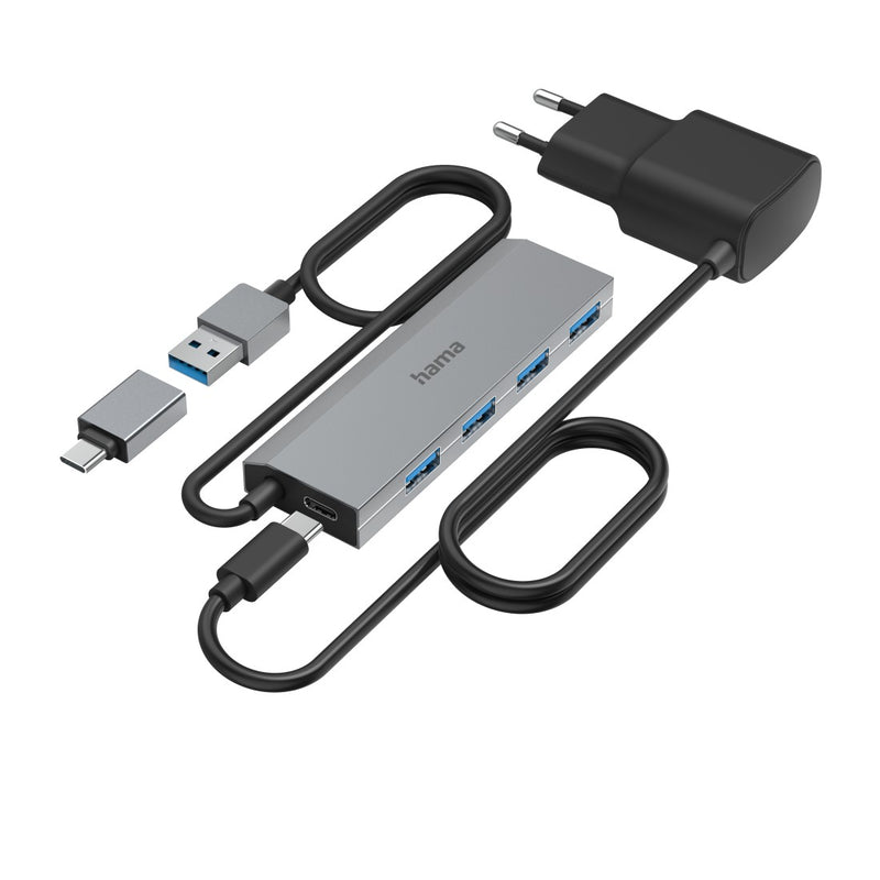 Hama USB-Hub 4 Ports, USB 3.2 Gen1, 5 Gbit/s, inkl. USB-C-Adapter und Netzteil