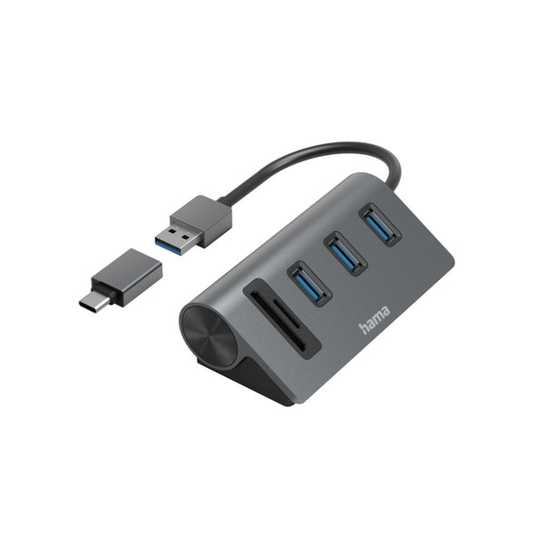 Lettore di schede hub HAMA USB, 5 porte, 3x USB-A, SD, MicroSD, incluso l'adattatore USB-C