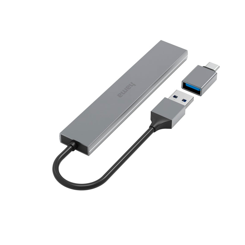 Hama USB hub 4 ports, USB 3.2 Gen1, 5 Gbit/s, Ultra Slim, incl. USB-C adapter