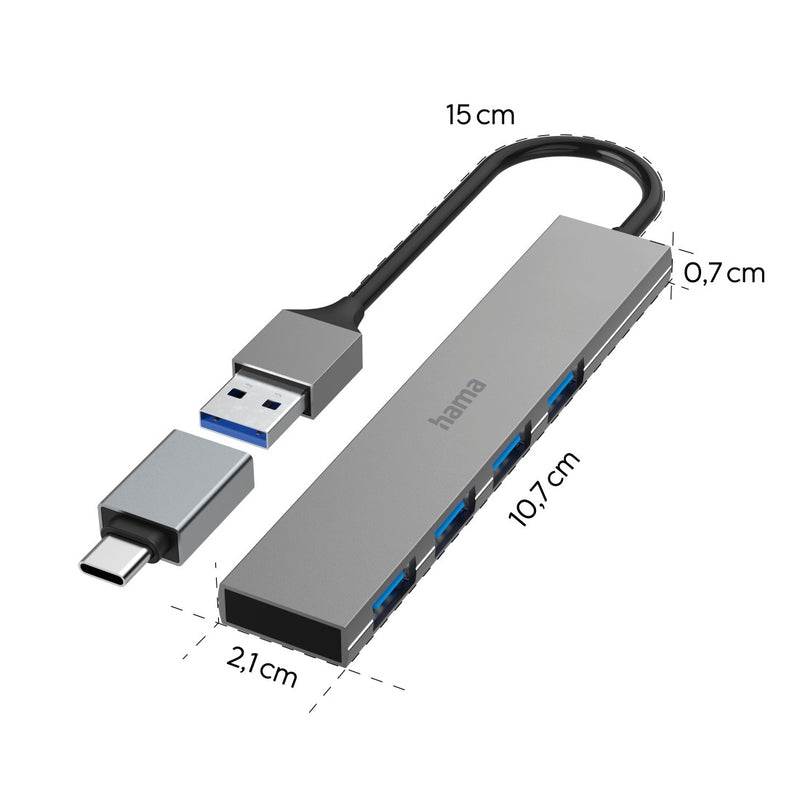 Hama USB hub 4 ports, USB 3.2 Gen1, 5 Gbit/s, Ultra Slim, incl. USB-C adapter