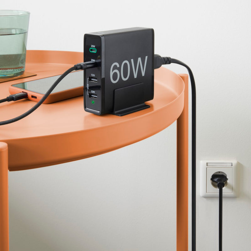 Hama Ladestation 4 Ports, Schnellladegerät, 2x USB-C, 2x USB-A, PD, 60 W, SW