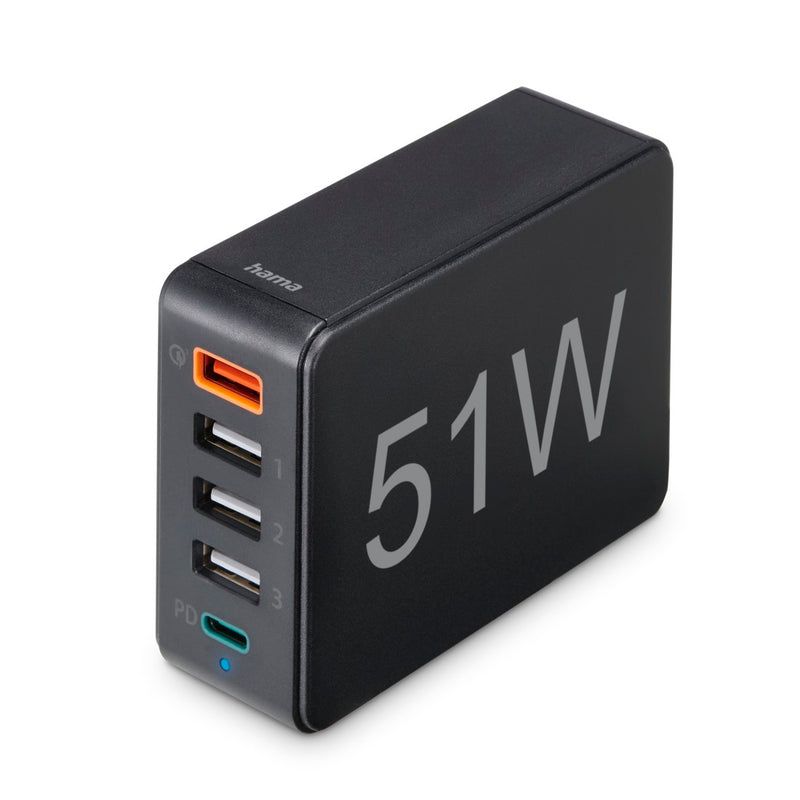 Hama Schnellladegerät 1x USB-C, 4x USB-A, PD, 51 W, mit Netzstecker, Schwarz