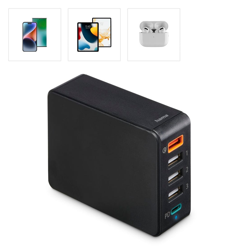 Hama Schnellladegerät 1x USB-C, 4x USB-A, PD, 51 W, mit Netzstecker, Schwarz