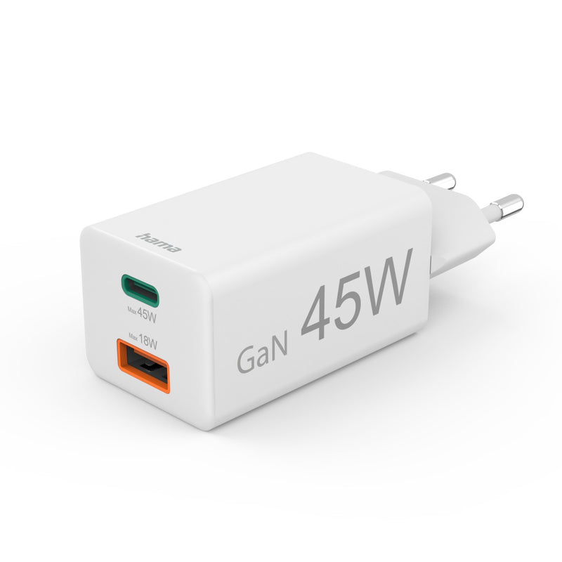 Hama Schnellladegerät 1x USB-C, 1x USB-A, Mini-Ladegerät, PD, 45 W, Weiss