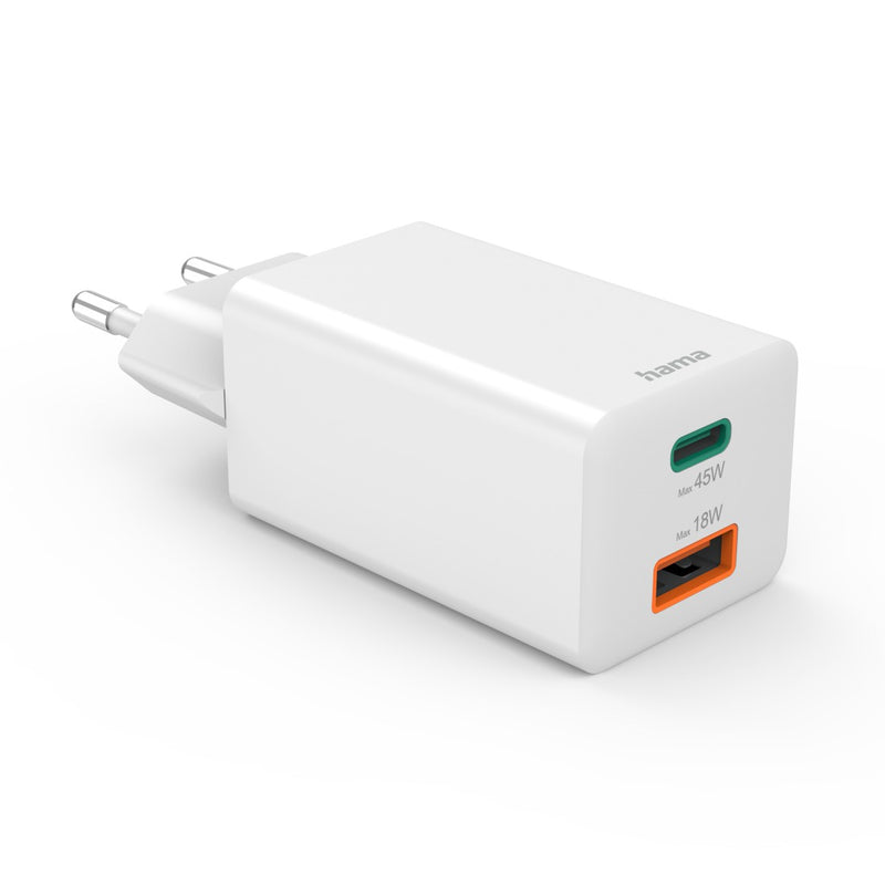 Hama Schnellladegerät 1x USB-C, 1x USB-A, Mini-Ladegerät, PD, 45 W, Weiss