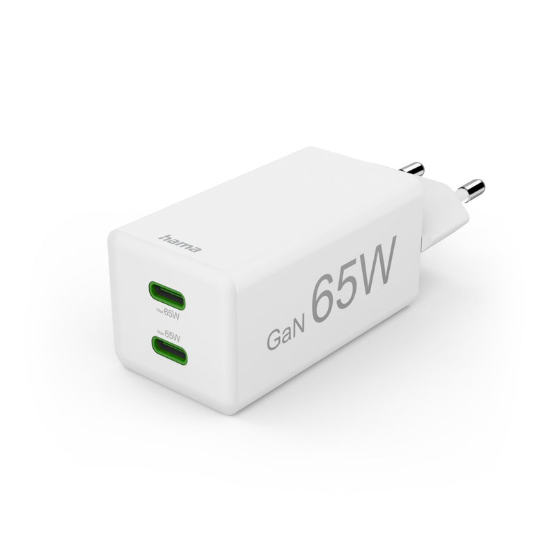 Hama Schnellladegerät GaN, 2x USB-C, Mini-Ladegerät, PD, 65 W, Weiss