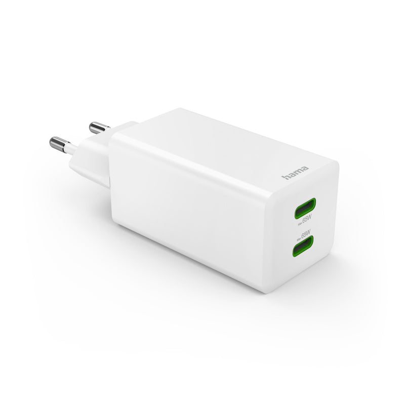 Hama Schnellladegerät GaN, 2x USB-C, Mini-Ladegerät, PD, 65 W, Weiss