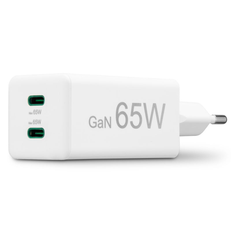 Hama Schnellladegerät GaN, 2x USB-C, Mini-Ladegerät, PD, 65 W, Weiss