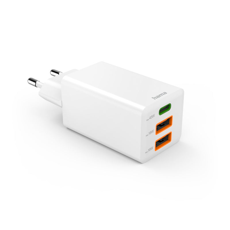 Hama Schnellladegerät GaN, 1x USB-C, 2x USB-A, Mini-Ladegerät, PD, 45 W, Weiss