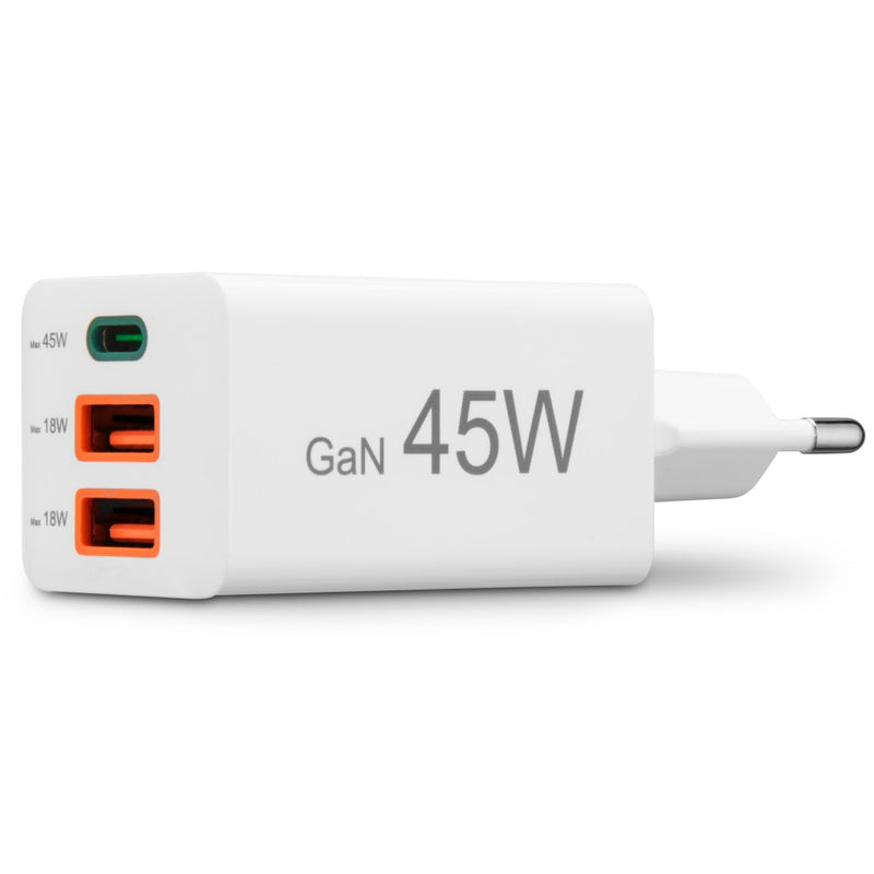 Hama Schnellladegerät GaN, 1x USB-C, 2x USB-A, Mini-Ladegerät, PD, 45 W, Weiss