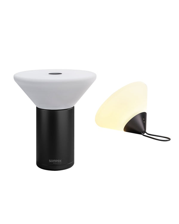 Sompex table and pedal lamp Mikono, black, battery plastic, dimmable, 2 light colors