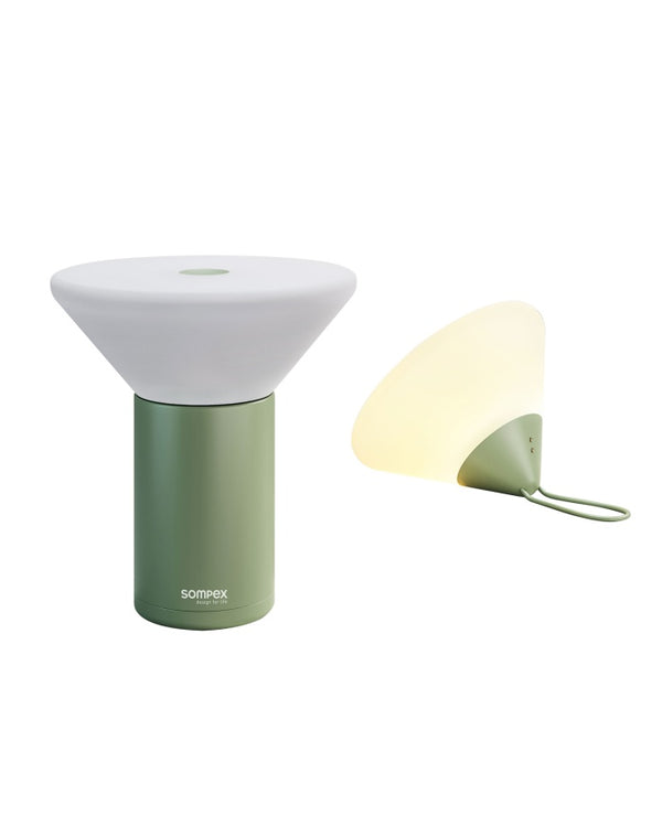 Sompex table and pedal lamp Mikono, olive green, battery plastic, dimmable, 2 light colors
