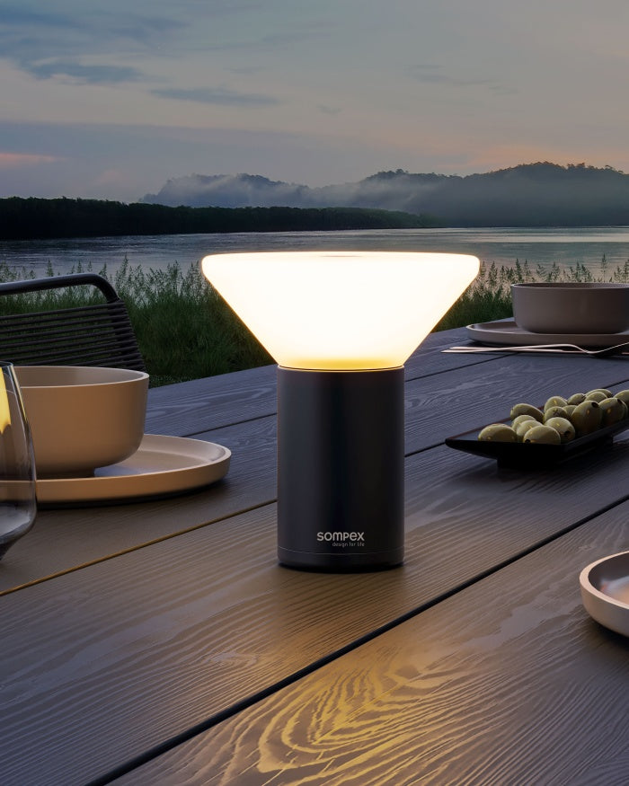 Sompex table and pedal lamp Mikono, olive green, battery plastic, dimmable, 2 light colors