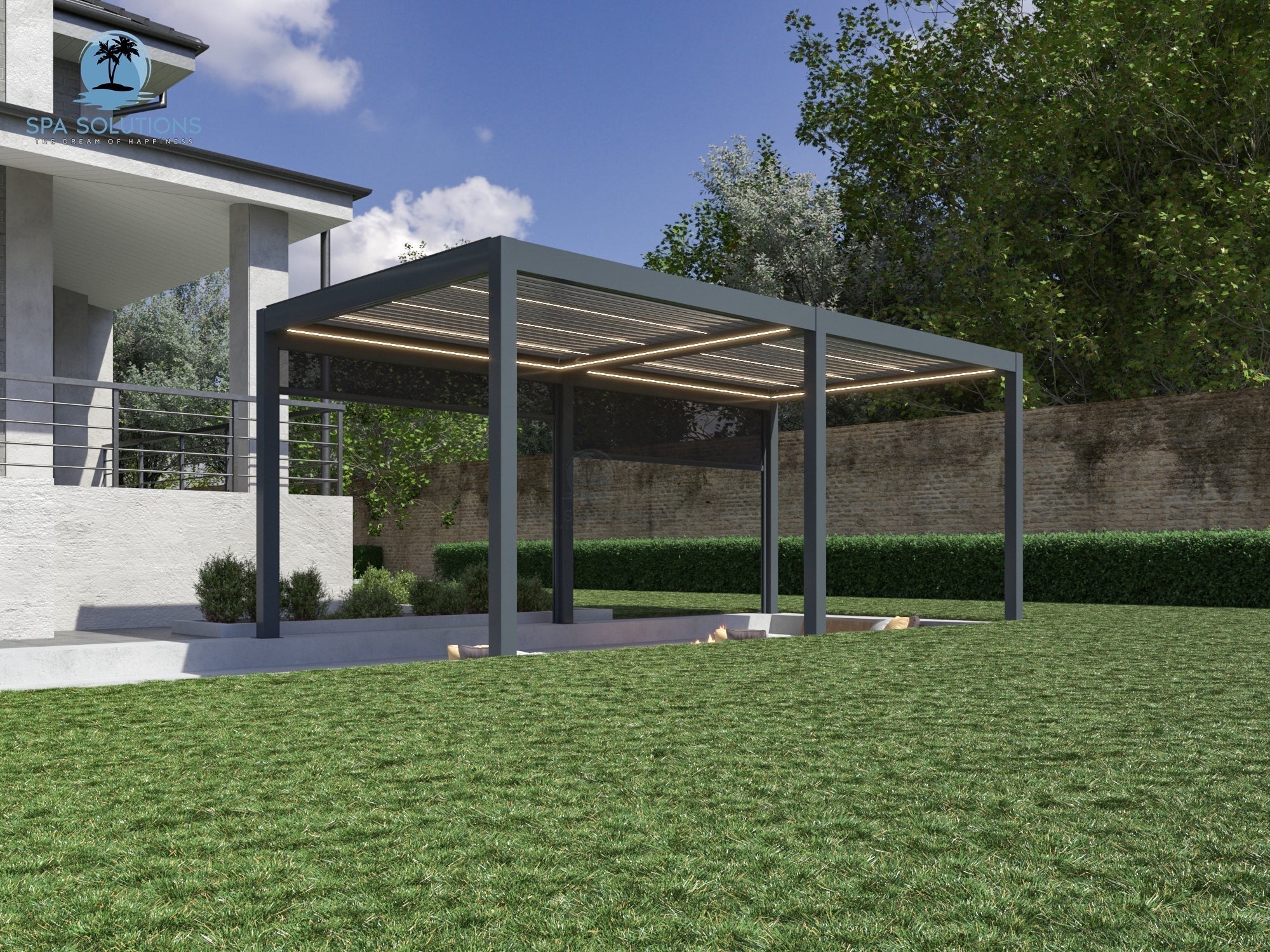 Spa Solutions Sky Pergola SkyMax Ultra Aluminium Pergola LED 4m x 7m motorisiert Wandmontage 7m