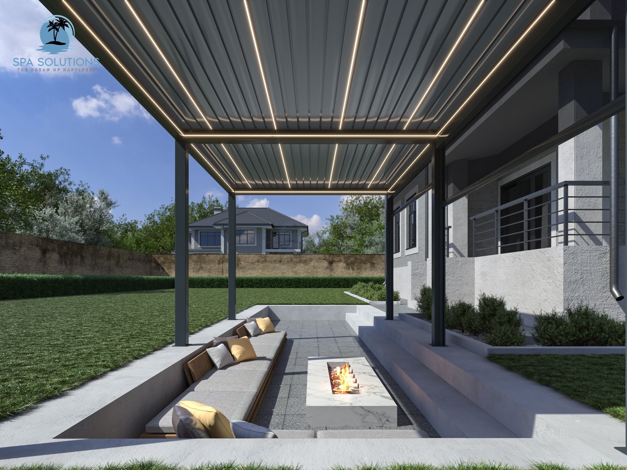 Spa Solutions Sky Pergola Skymax Ultra Aluminum Pergola LED 4M x 7m motorized wall mounting 4M