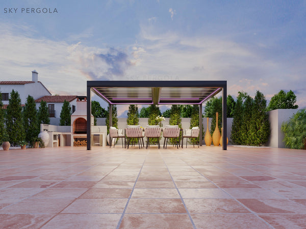 Spa Solutions Sky Pergola SkyGrand Master Aluminium Pergola LED 5m x 6m motorisiert Wandmontage 6m