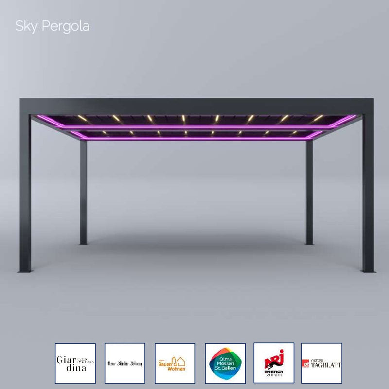 SOLUZIONI SPA SKY PERGOLA SKYGRAND MASTER ALLUMINUM PERGOLA LED 5M X 6M Montaggio a parete motorizzato 6m