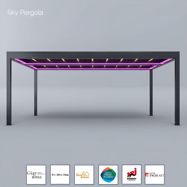 SOLUZIONI SPA SKY PERGOLA SKYGRAND MASTER ALLUMINUM PERGOLA LED 5M X 7M Montaggio a parete motorizzato 7 m