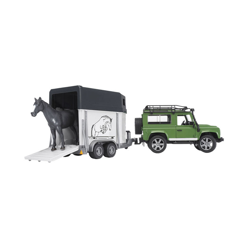 Bruder Spielfahrzeuge Land Rover Defender + Anhänger und Pferd