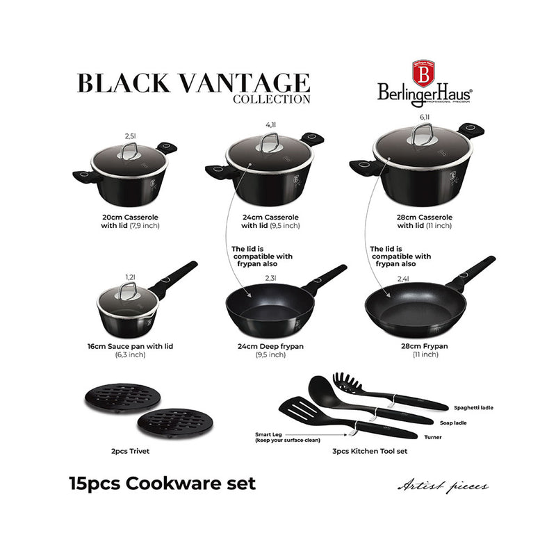 Berlinger Haus Küchenbedarf Haus 15-teiliges Kochgeschirr-Set Black Vantage Collection