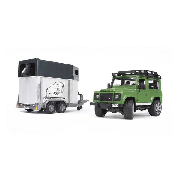 Bruder Spielfahrzeuge Land Rover Defender + Anhänger und Pferd