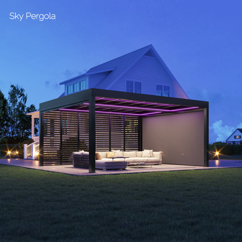 SOLUZIONI SPA SKY PERGOLA SKYGRAND MASTER ALLUMINUM PERGOLA LED 5M X 6M Montaggio a parete motorizzato 6m
