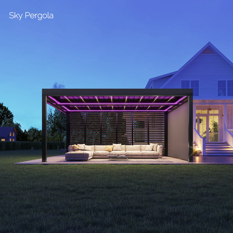 SOLUZIONI SPA SKY PERGOLA SKYGRAND MASTER ALLUMINUM PERGOLA LED 5M X 6M Montaggio a parete motorizzato 6m