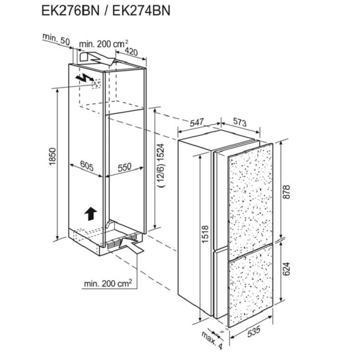 Electrolux installation refrigerator EK274BNLWE, 226 liters