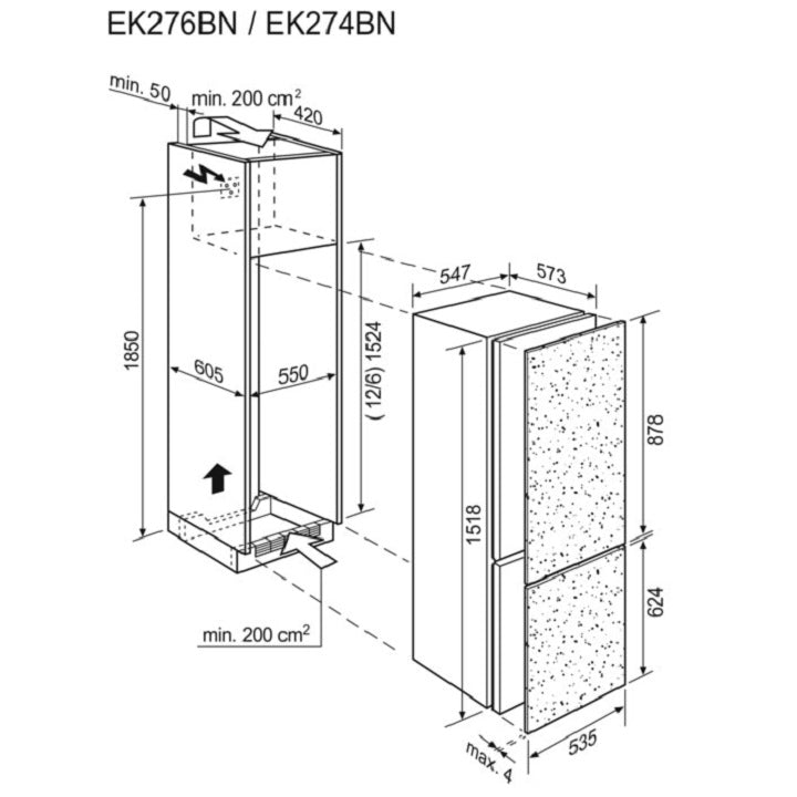 Réfrigérateur d'installation d'Electrolux Ek276BNLSW, 226 litres