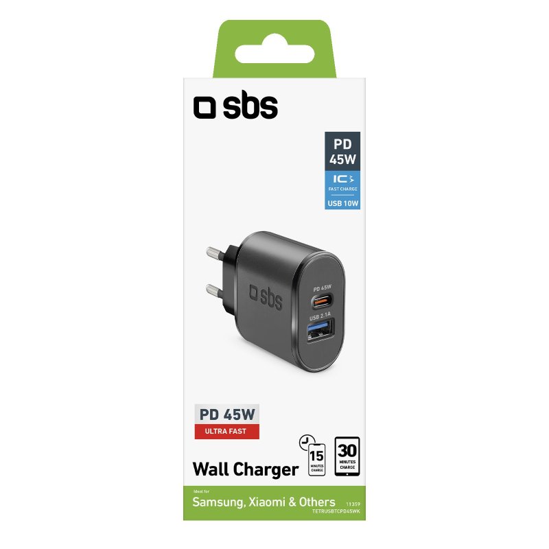 Caricatore di viaggio del caricatore SBS 1 USB 2.1A + 1 USB-C